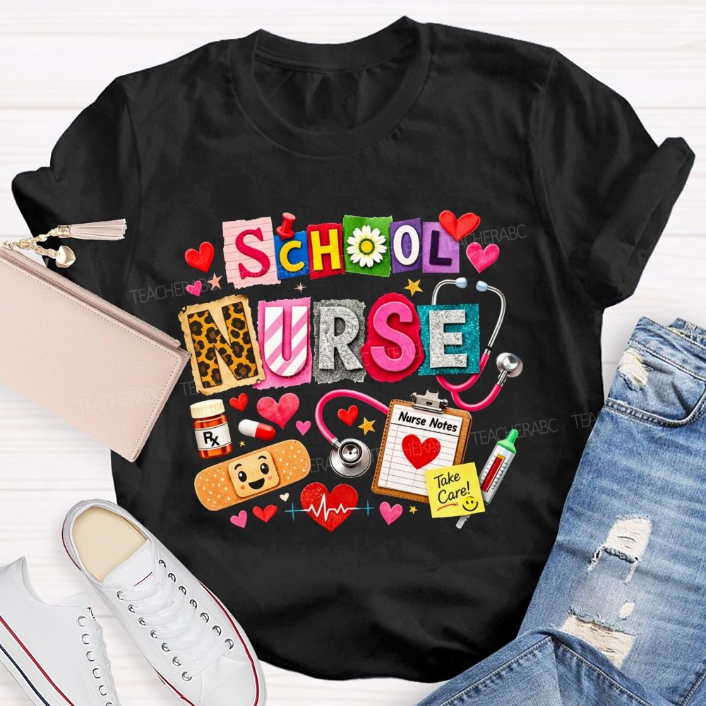 School Nurse Colorful Patchwork Stethoscope Bandage T-shirt