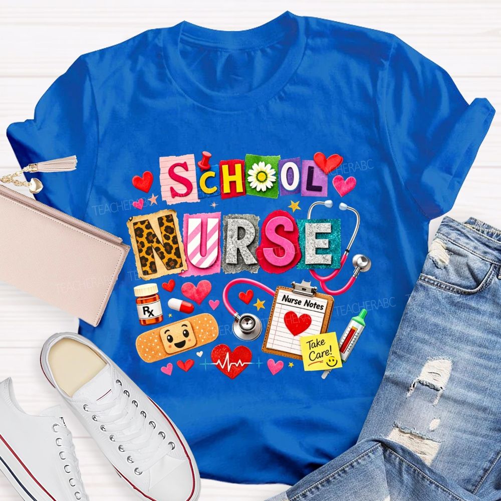 School Nurse Colorful Patchwork Stethoscope Bandage T-shirt