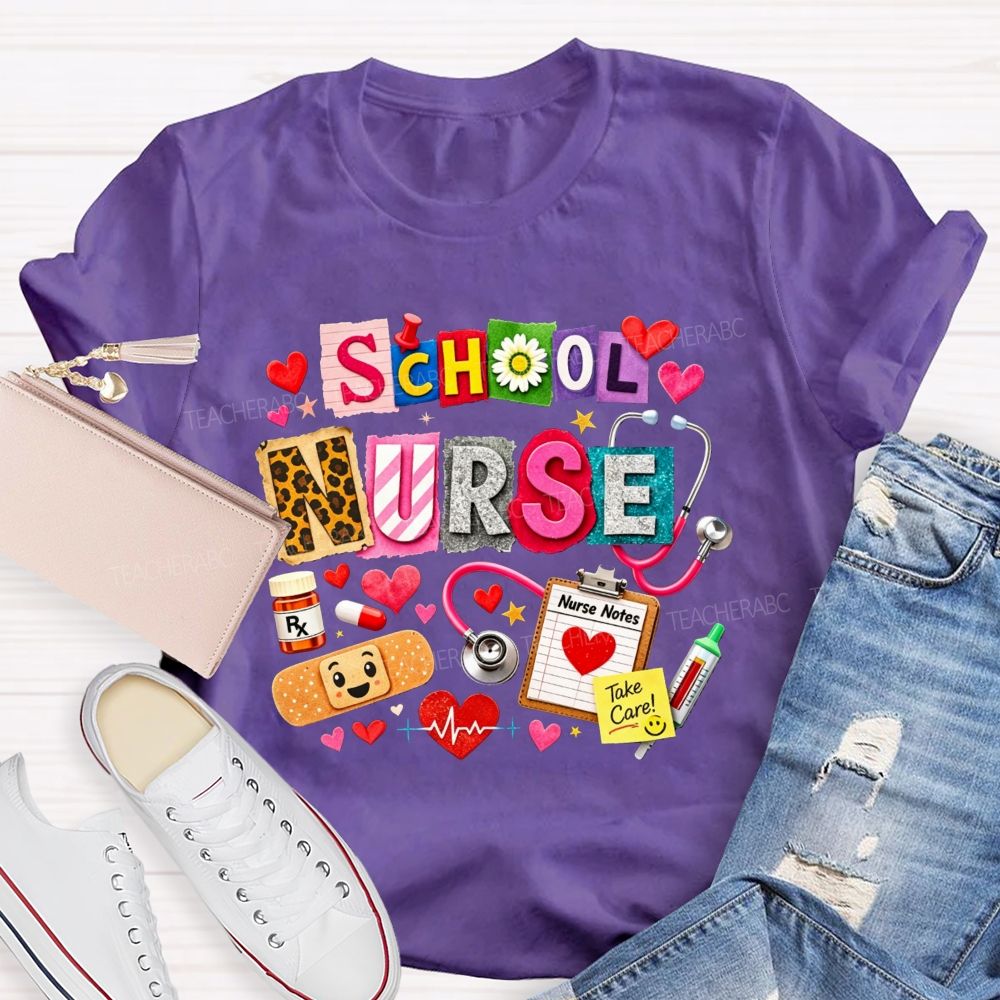 School Nurse Colorful Patchwork Stethoscope Bandage T-shirt