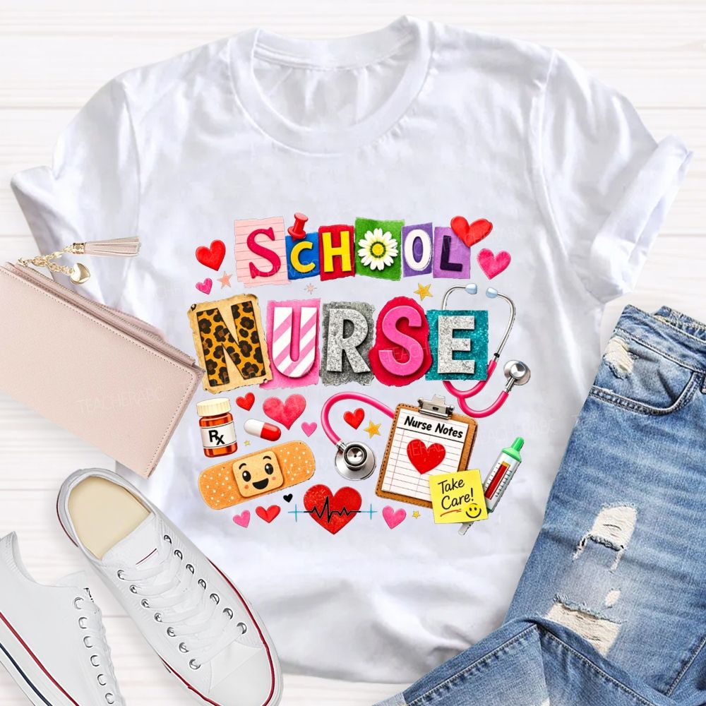 School Nurse Colorful Patchwork Stethoscope Bandage T-shirt