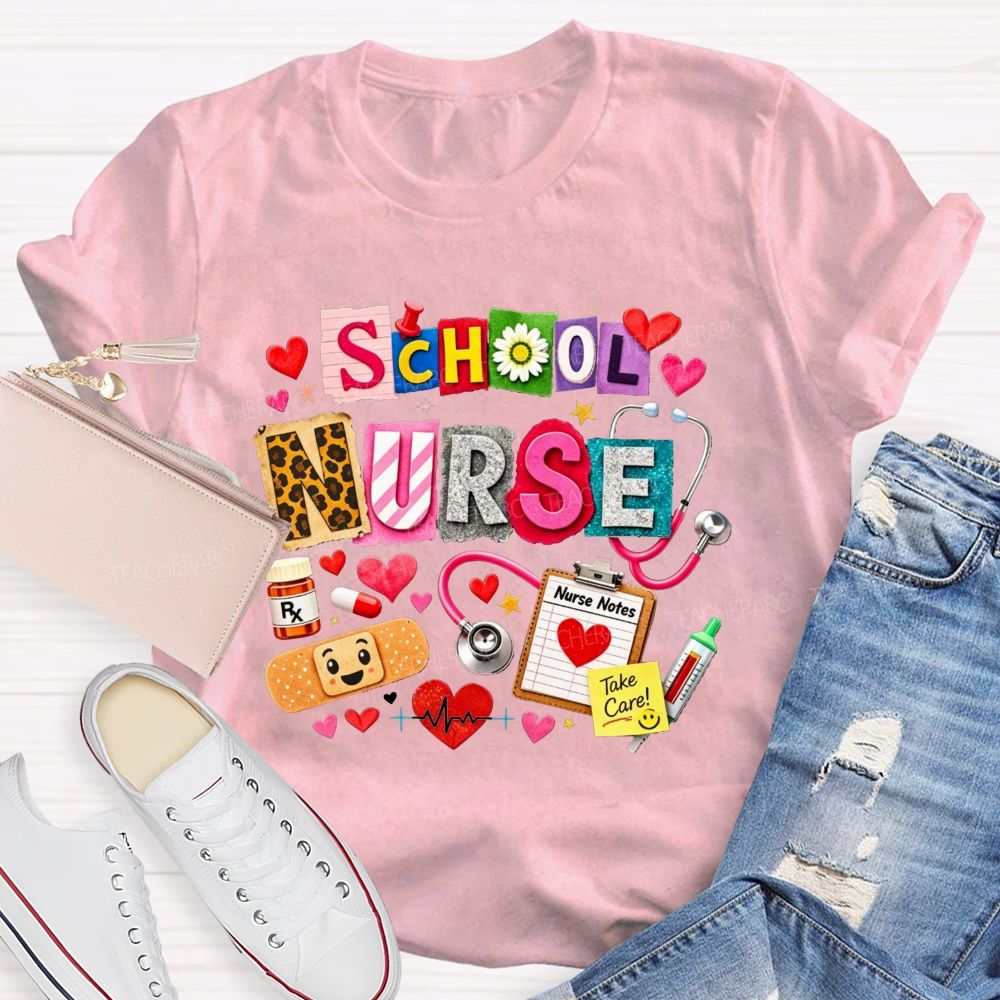 School Nurse Colorful Patchwork Stethoscope Bandage T-shirt