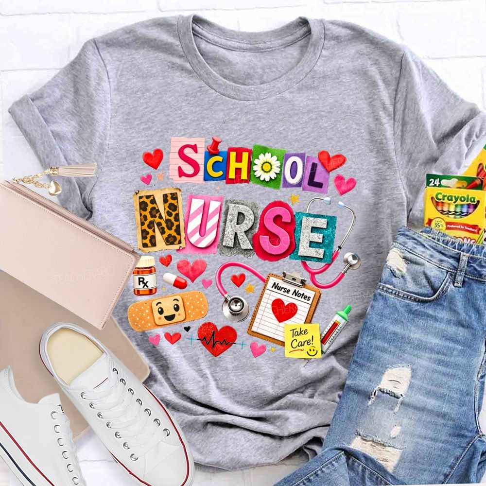 School Nurse Colorful Patchwork Stethoscope Bandage T-shirt