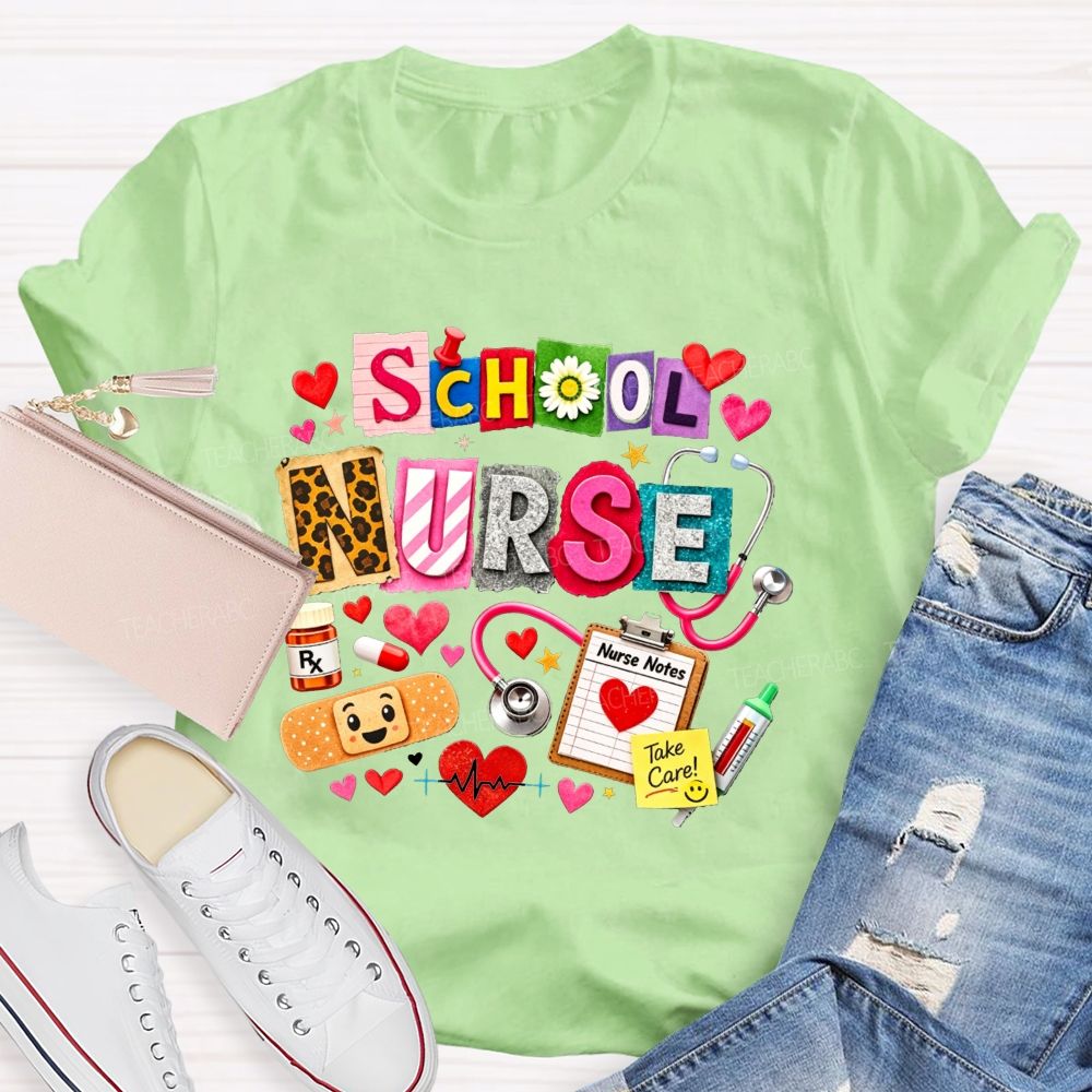 School Nurse Colorful Patchwork Stethoscope Bandage T-shirt