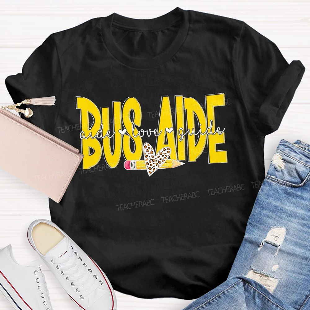 Bus Aide Aide Love Guide Leopard Heart Pencil T-shirt
