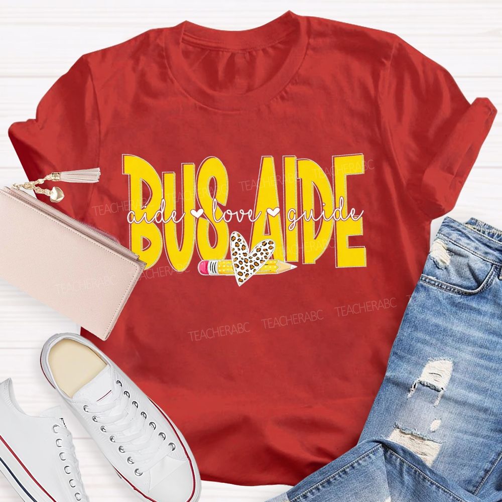 Bus Aide Aide Love Guide Leopard Heart Pencil T-shirt
