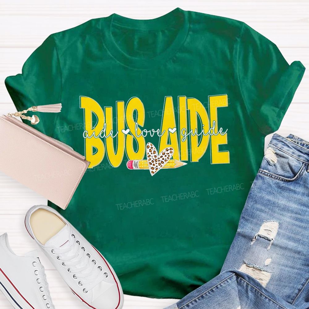 Bus Aide Aide Love Guide Leopard Heart Pencil T-shirt