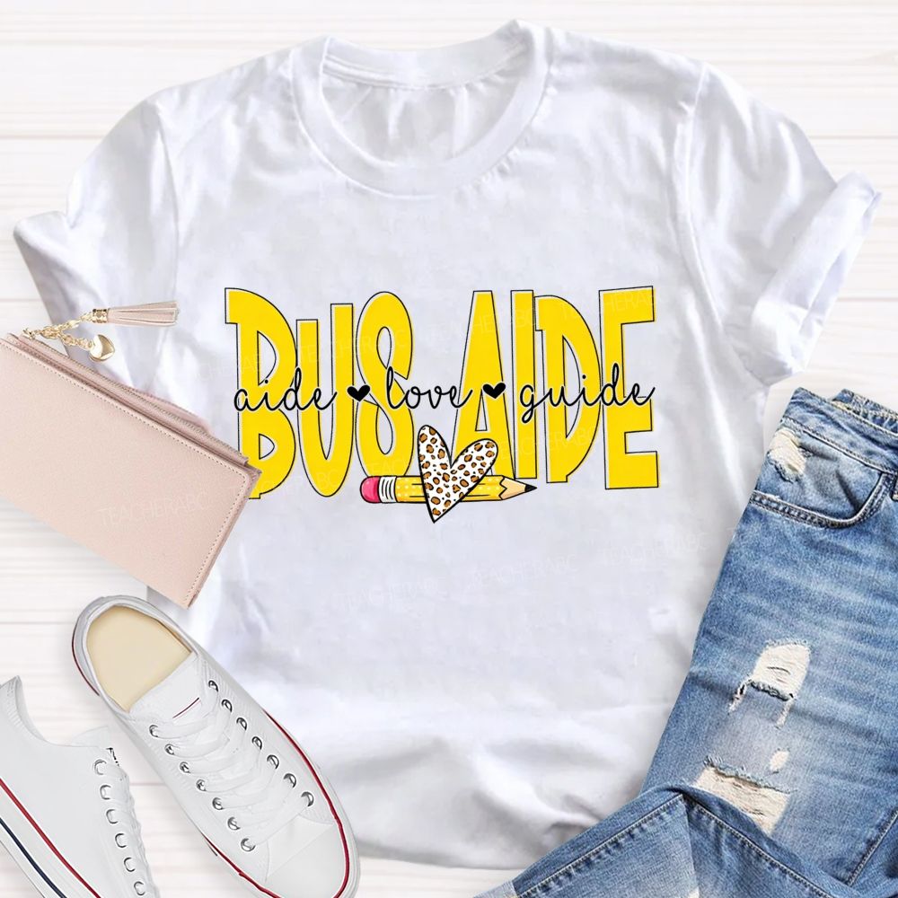 Bus Aide Aide Love Guide Leopard Heart Pencil T-shirt