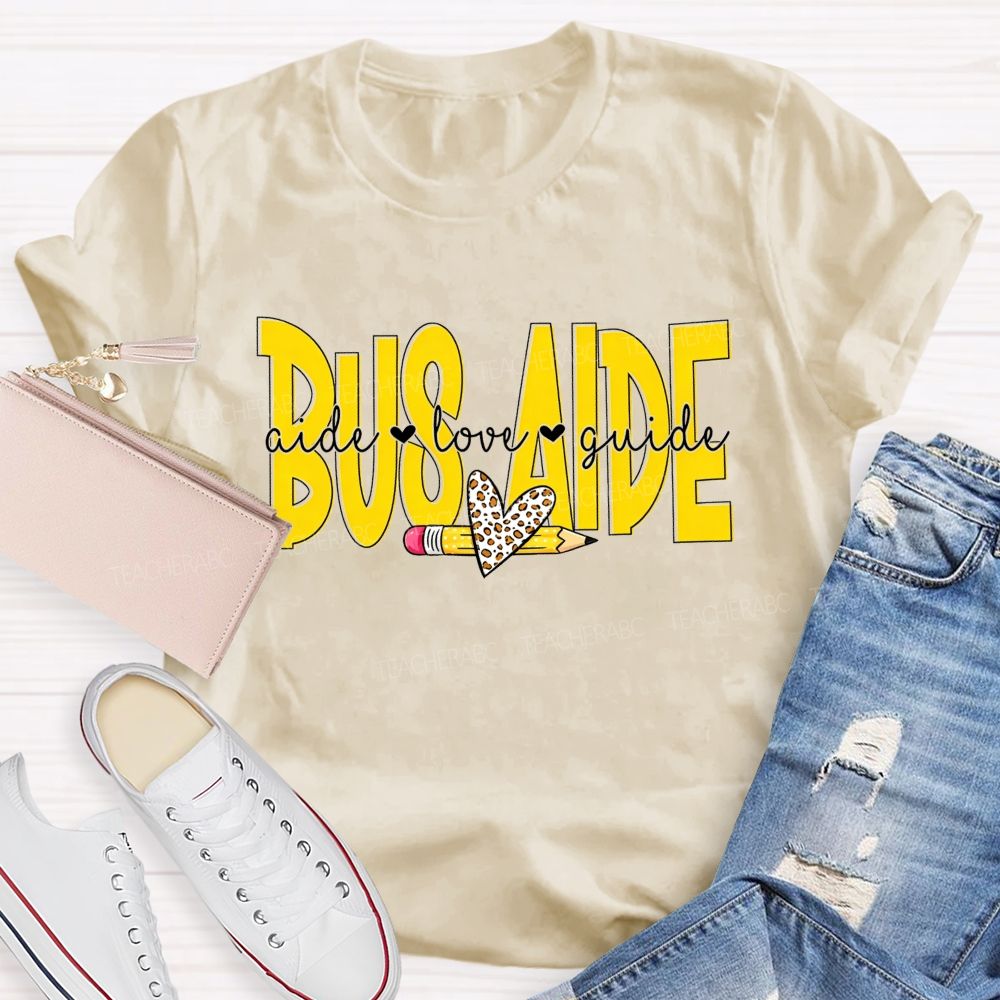 Bus Aide Aide Love Guide Leopard Heart Pencil T-shirt
