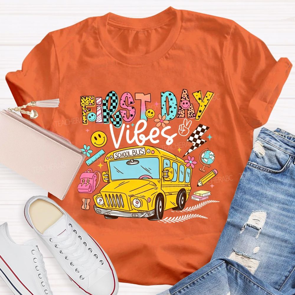 First Day Vibes Groovy School Bus Back To School Leopard T-shirt