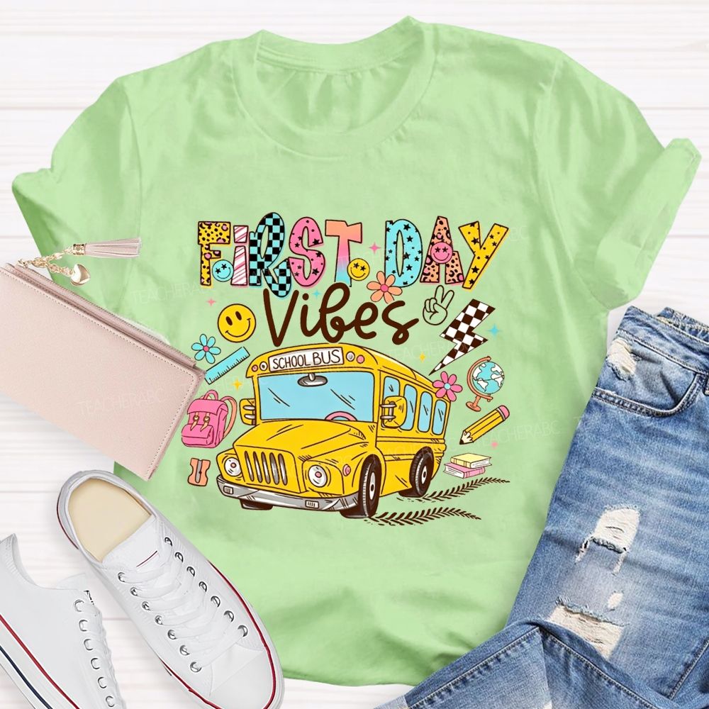 First Day Vibes Groovy School Bus Back To School Leopard T-shirt