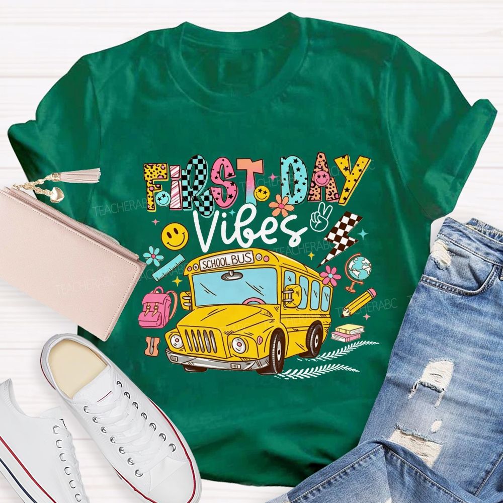 First Day Vibes Groovy School Bus Back To School Leopard T-shirt