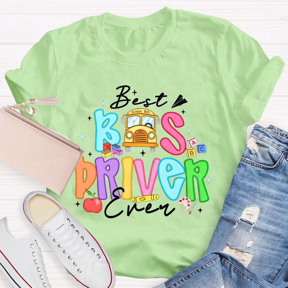 Best Bus Driver Ever Colorful Bubble Letter School Bus Apple T-shirt