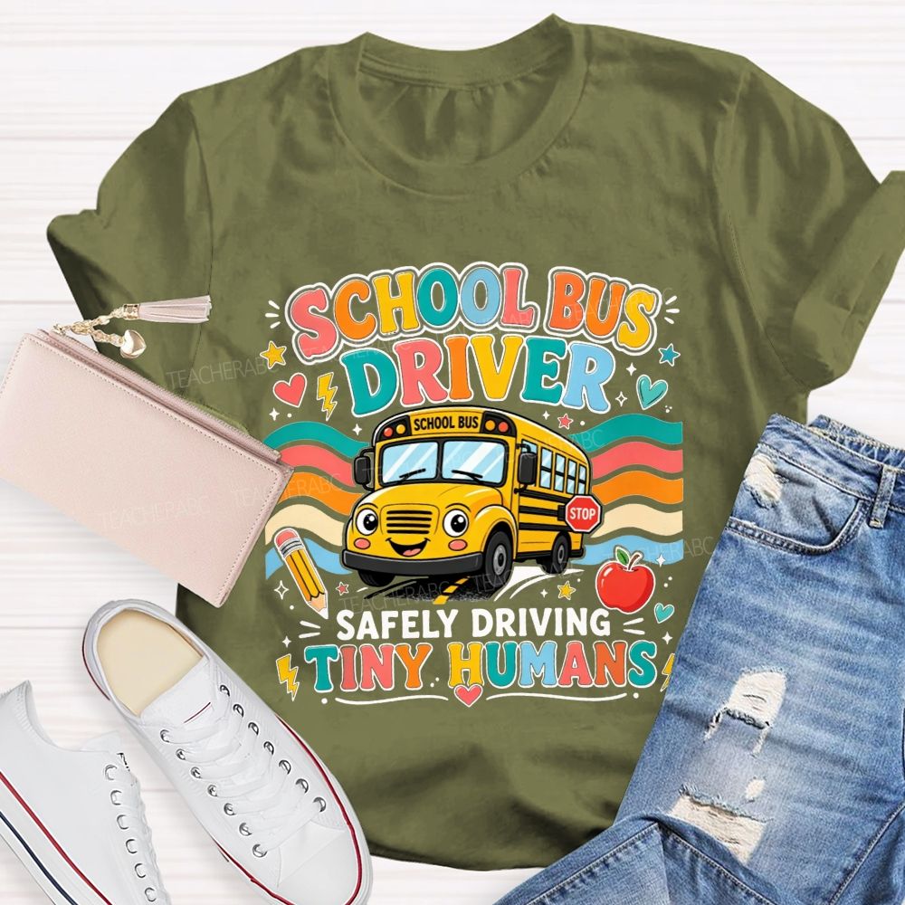 School Bus Driver Safely Driving Tiny Humans Cartoon School Bus Rainbow Wave T-shirt