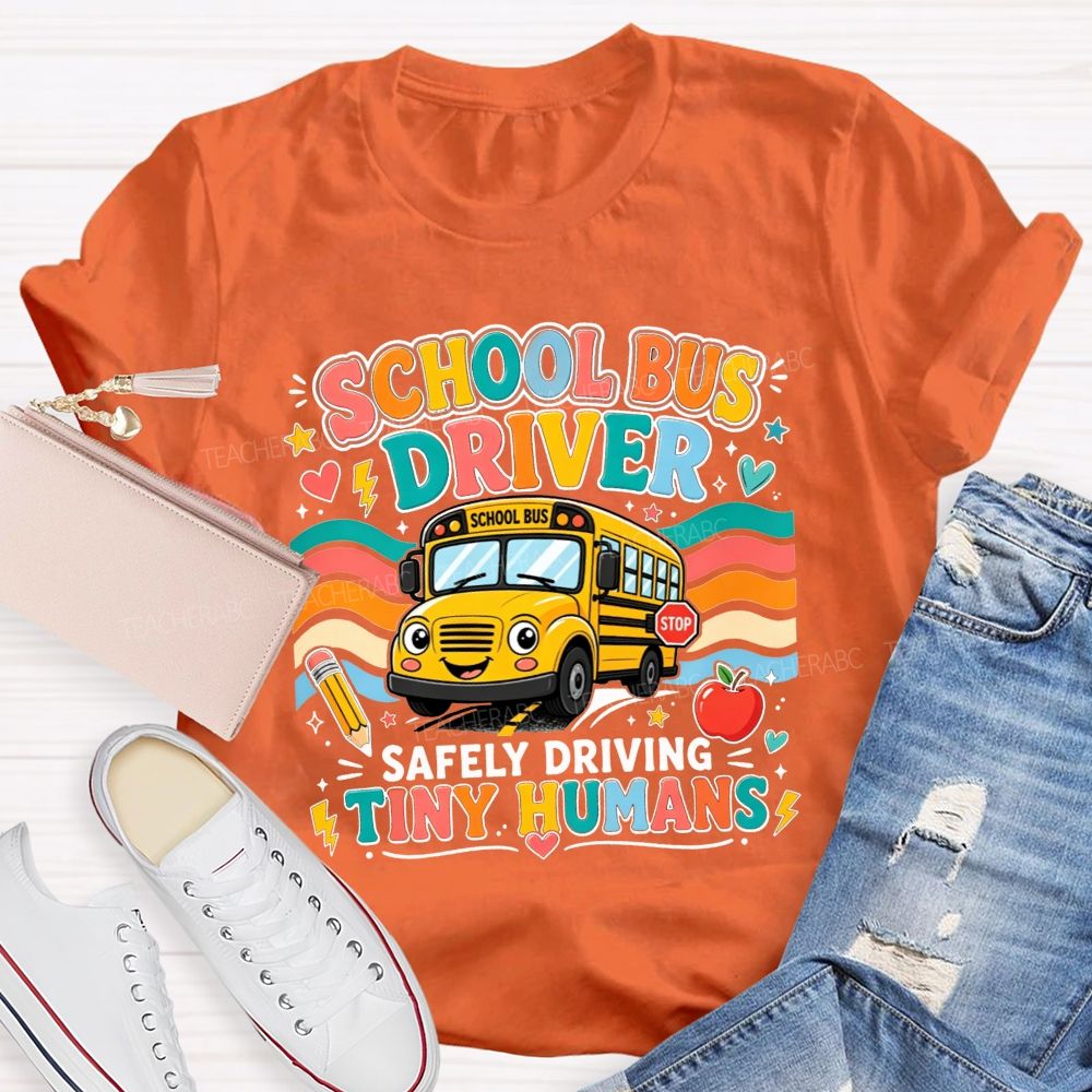 School Bus Driver Safely Driving Tiny Humans Cartoon School Bus Rainbow Wave T-shirt