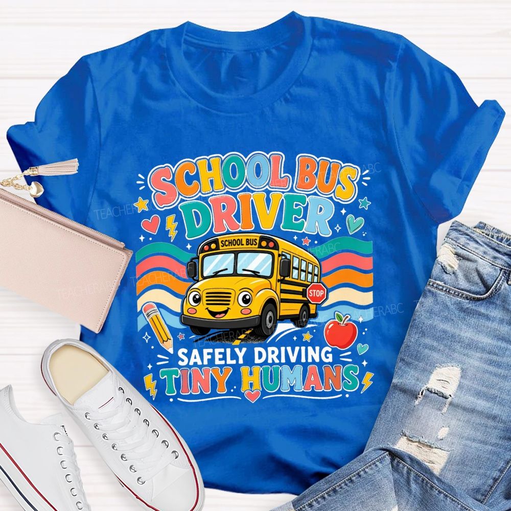 School Bus Driver Safely Driving Tiny Humans Cartoon School Bus Rainbow Wave T-shirt