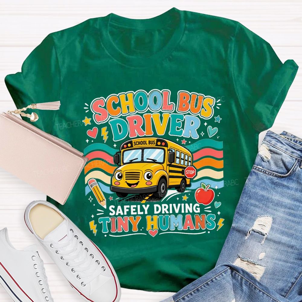 School Bus Driver Safely Driving Tiny Humans Cartoon School Bus Rainbow Wave T-shirt