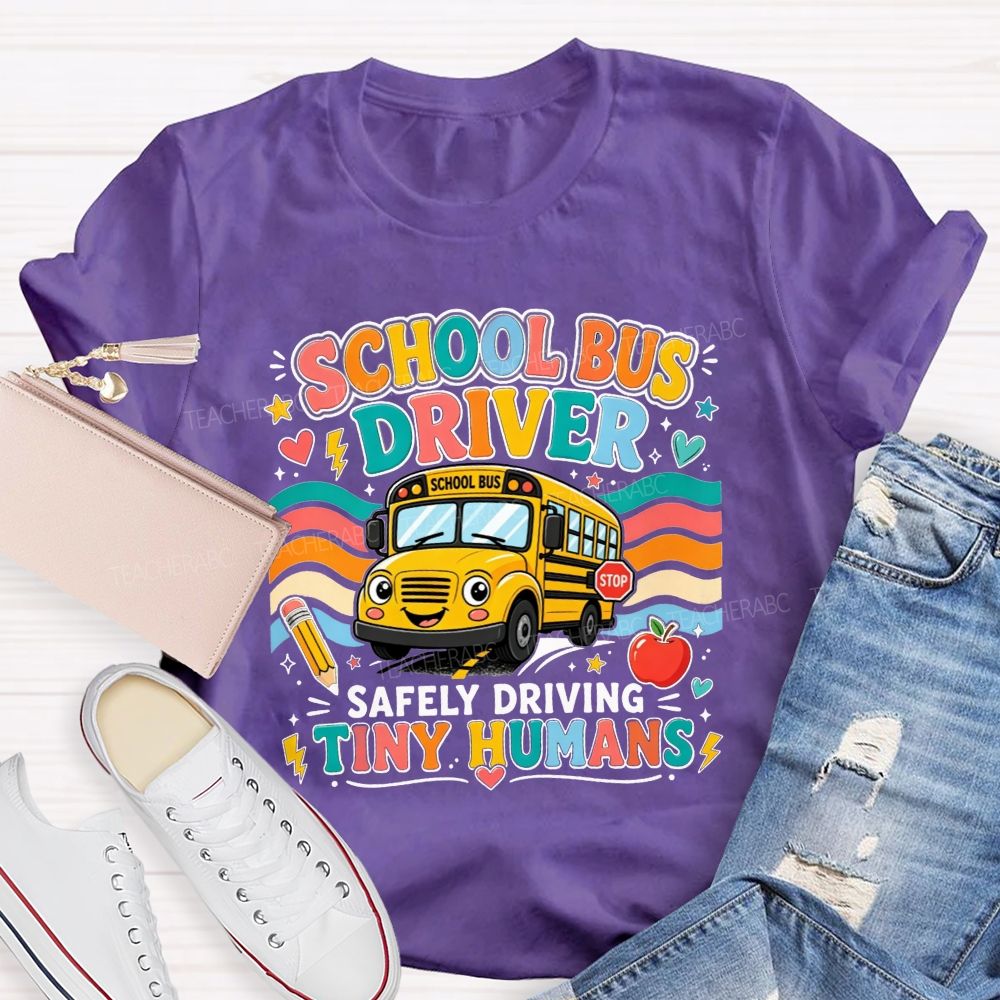 School Bus Driver Safely Driving Tiny Humans Cartoon School Bus Rainbow Wave T-shirt