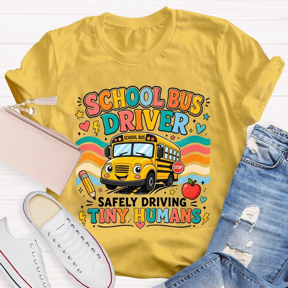 School Bus Driver Safely Driving Tiny Humans Cartoon School Bus Rainbow Wave T-shirt