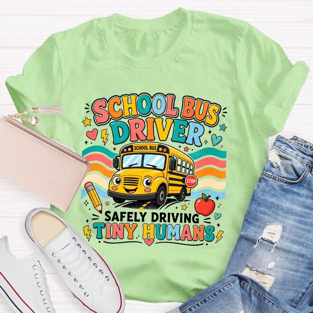 School Bus Driver Safely Driving Tiny Humans Cartoon School Bus Rainbow Wave T-shirt