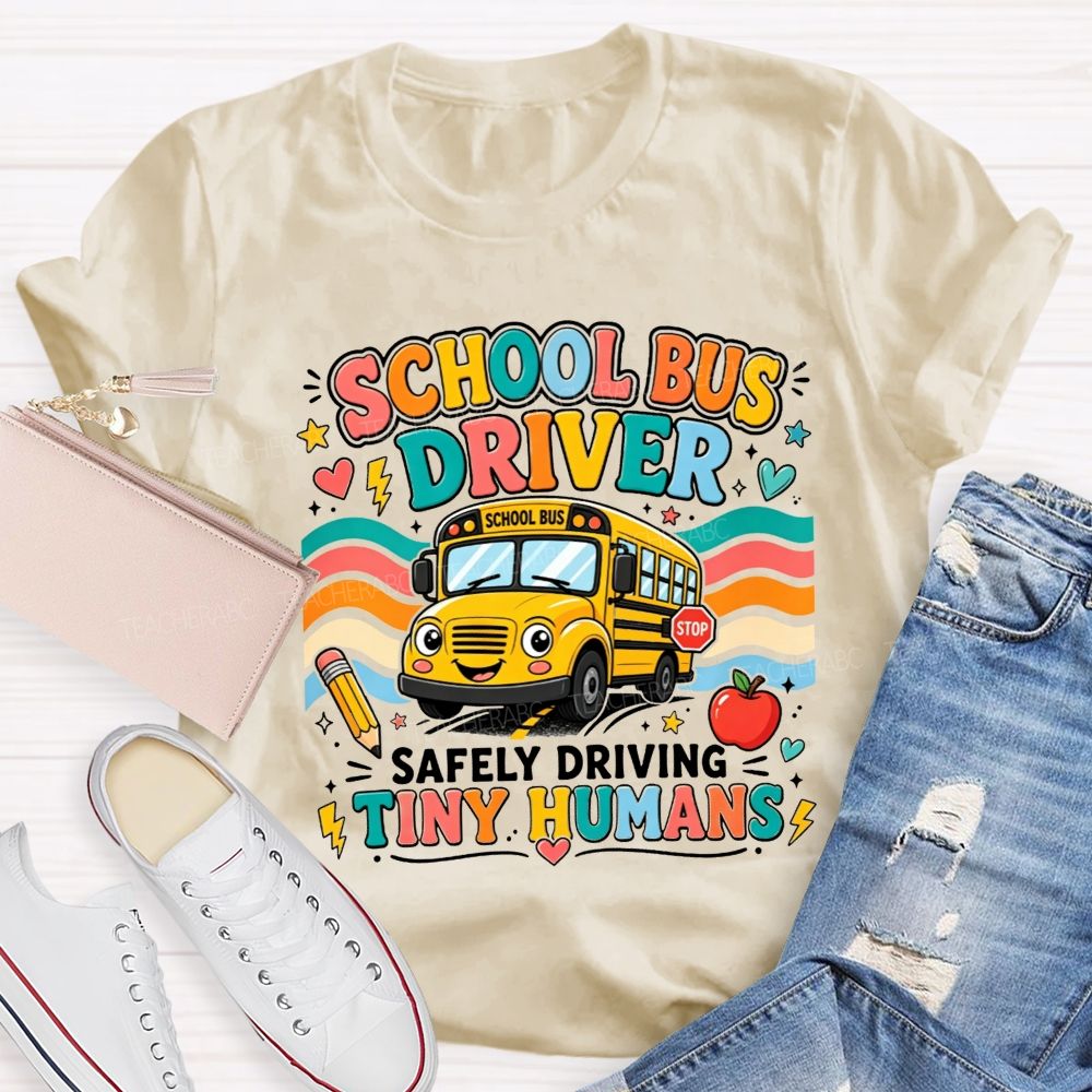 School Bus Driver Safely Driving Tiny Humans Cartoon School Bus Rainbow Wave T-shirt