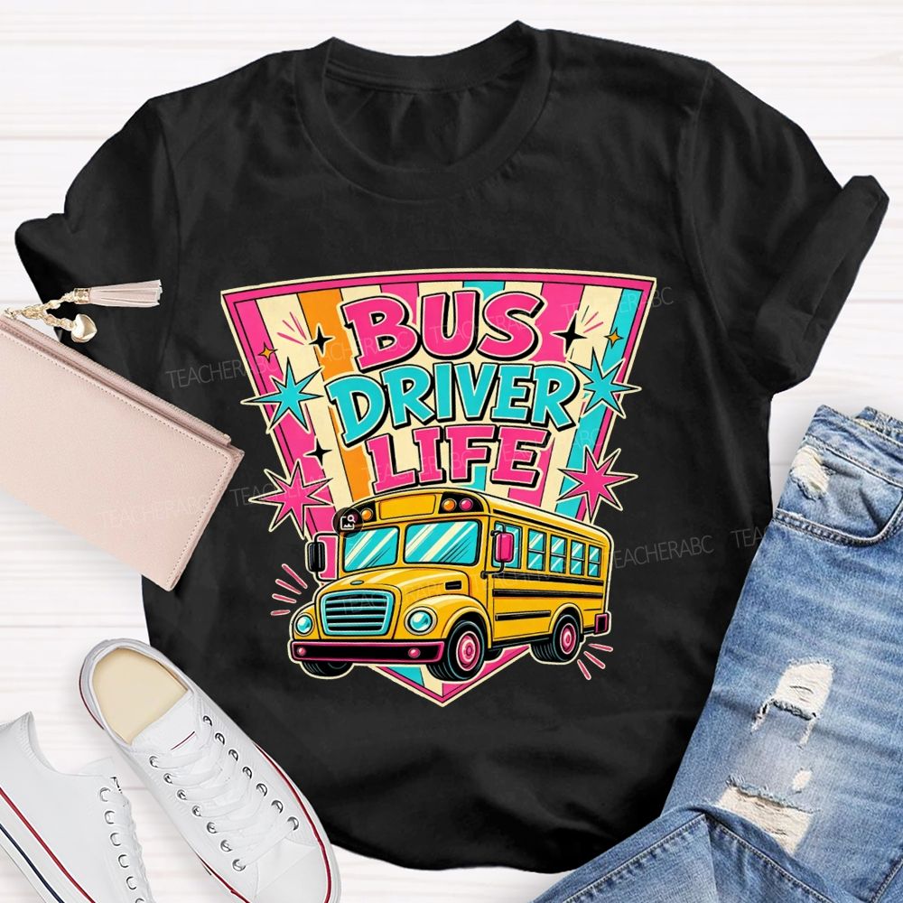 Bus Driver Life Retro Pink Orange Striped Shield School Bus T-shirt