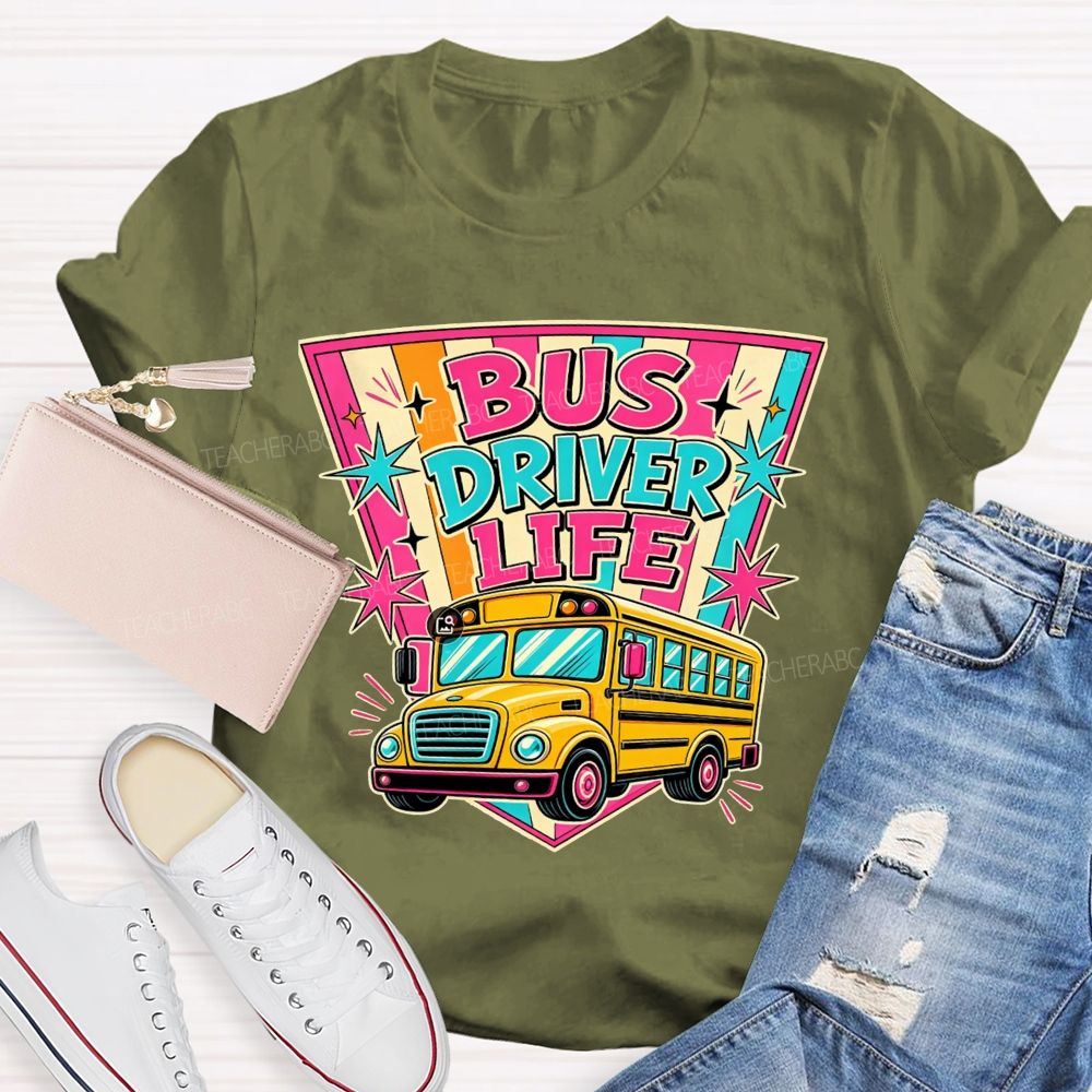 Bus Driver Life Retro Pink Orange Striped Shield School Bus T-shirt