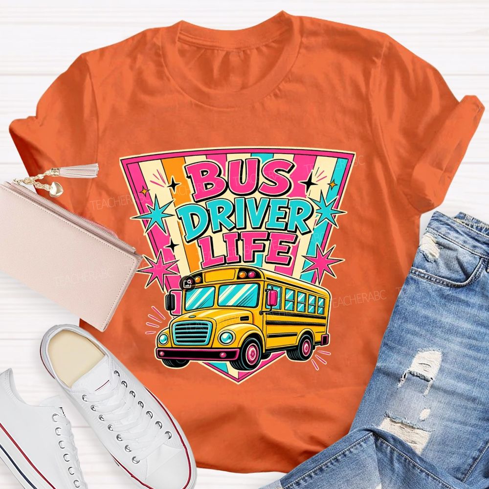 Bus Driver Life Retro Pink Orange Striped Shield School Bus T-shirt