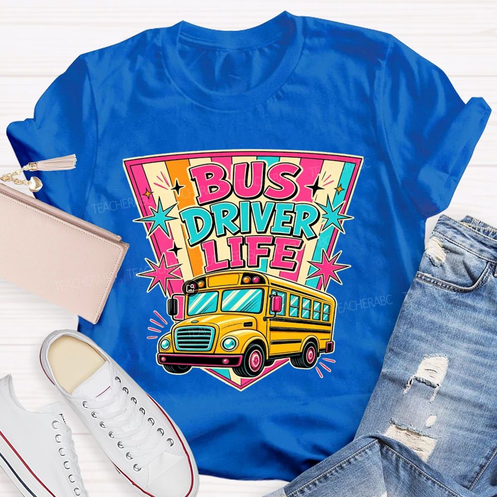 Bus Driver Life Retro Pink Orange Striped Shield School Bus T-shirt
