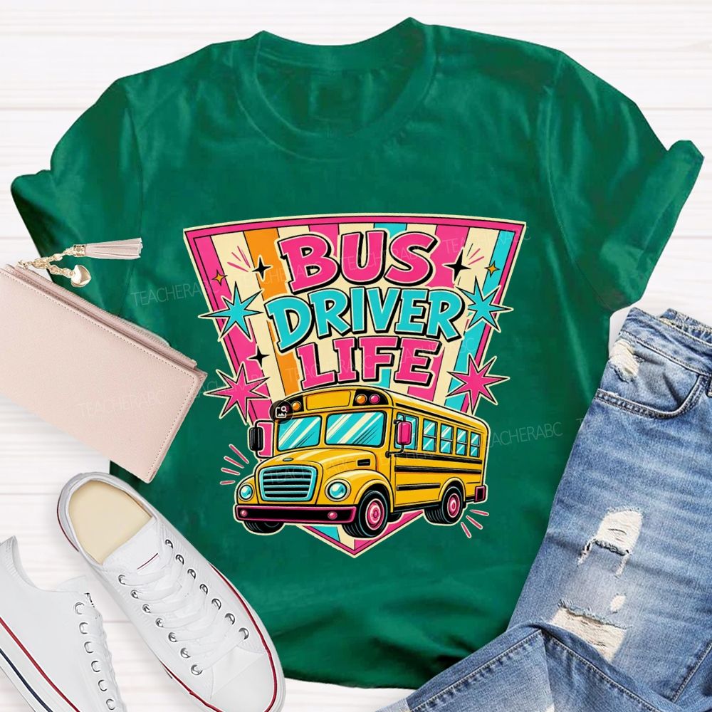 Bus Driver Life Retro Pink Orange Striped Shield School Bus T-shirt