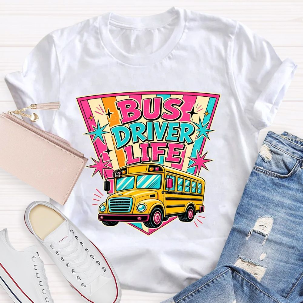 Bus Driver Life Retro Pink Orange Striped Shield School Bus T-shirt