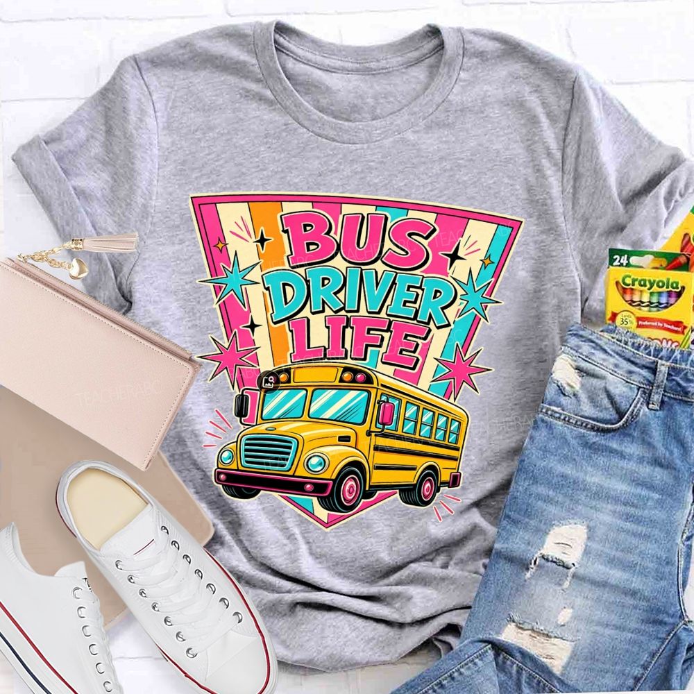Bus Driver Life Retro Pink Orange Striped Shield School Bus T-shirt
