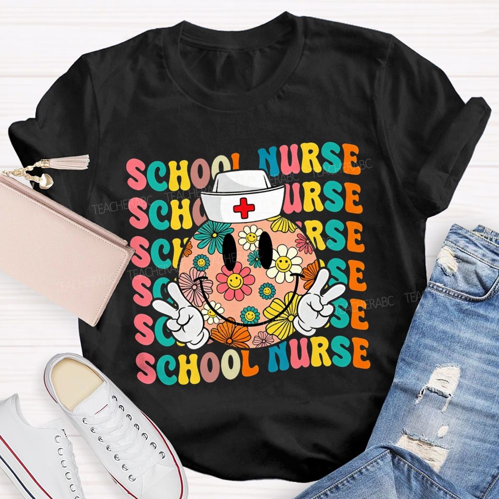 School Nurse Floral Smiley Face Peace Sign Nurse Cap Colorful T-shirt