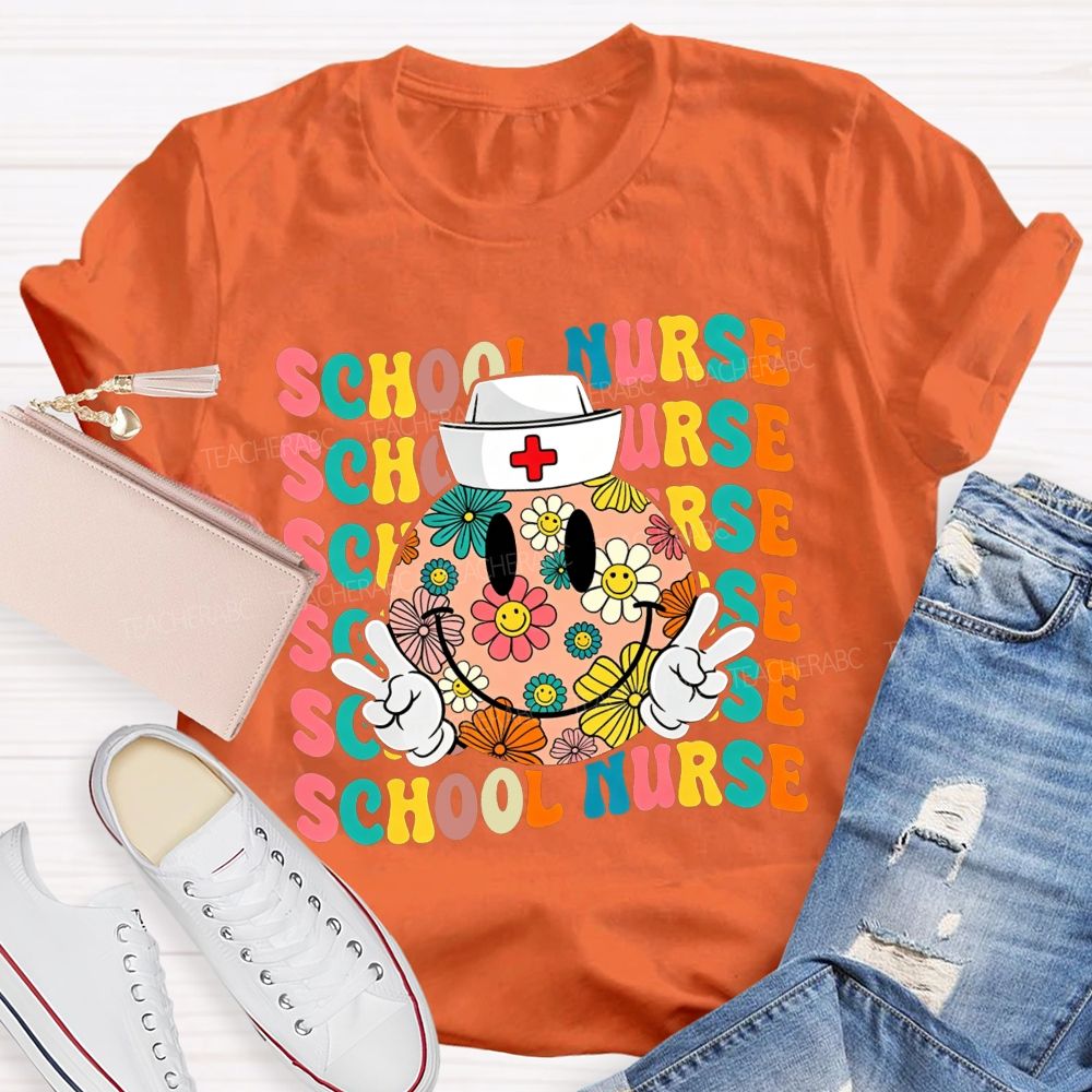 School Nurse Floral Smiley Face Peace Sign Nurse Cap Colorful T-shirt