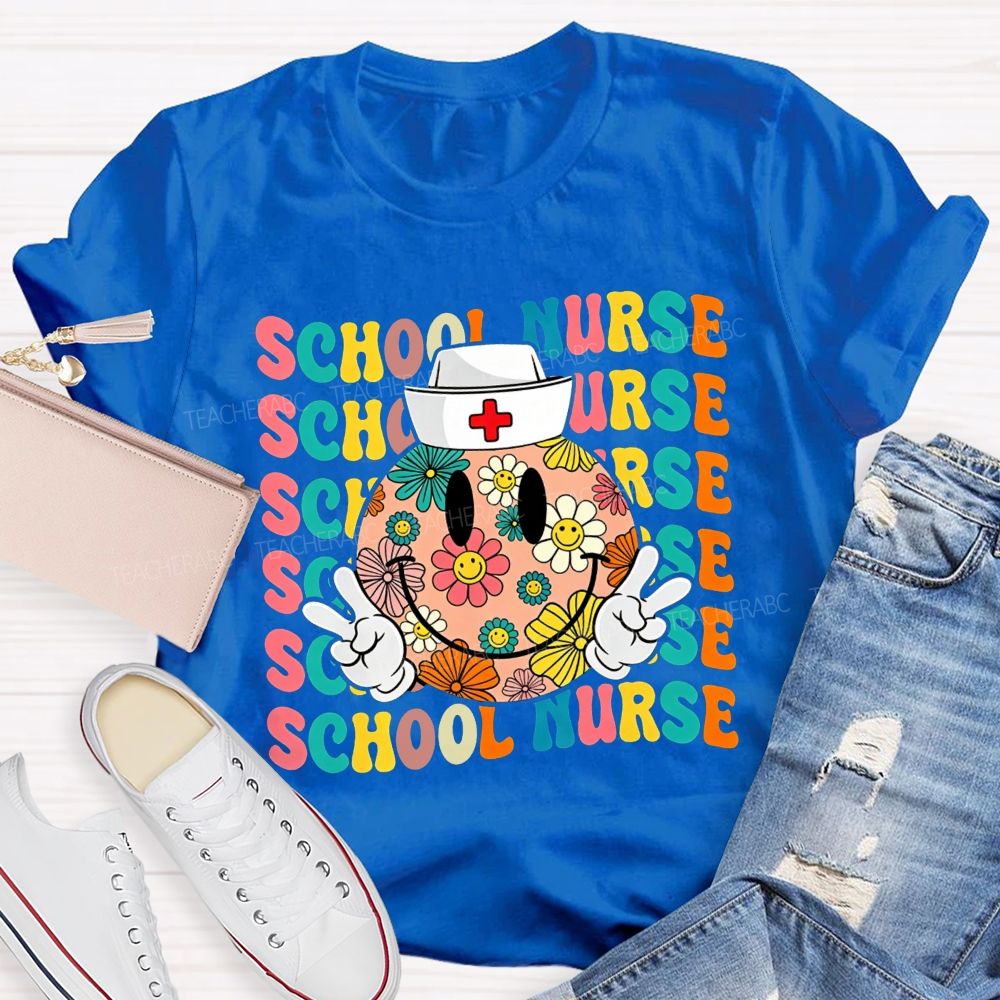 School Nurse Floral Smiley Face Peace Sign Nurse Cap Colorful T-shirt