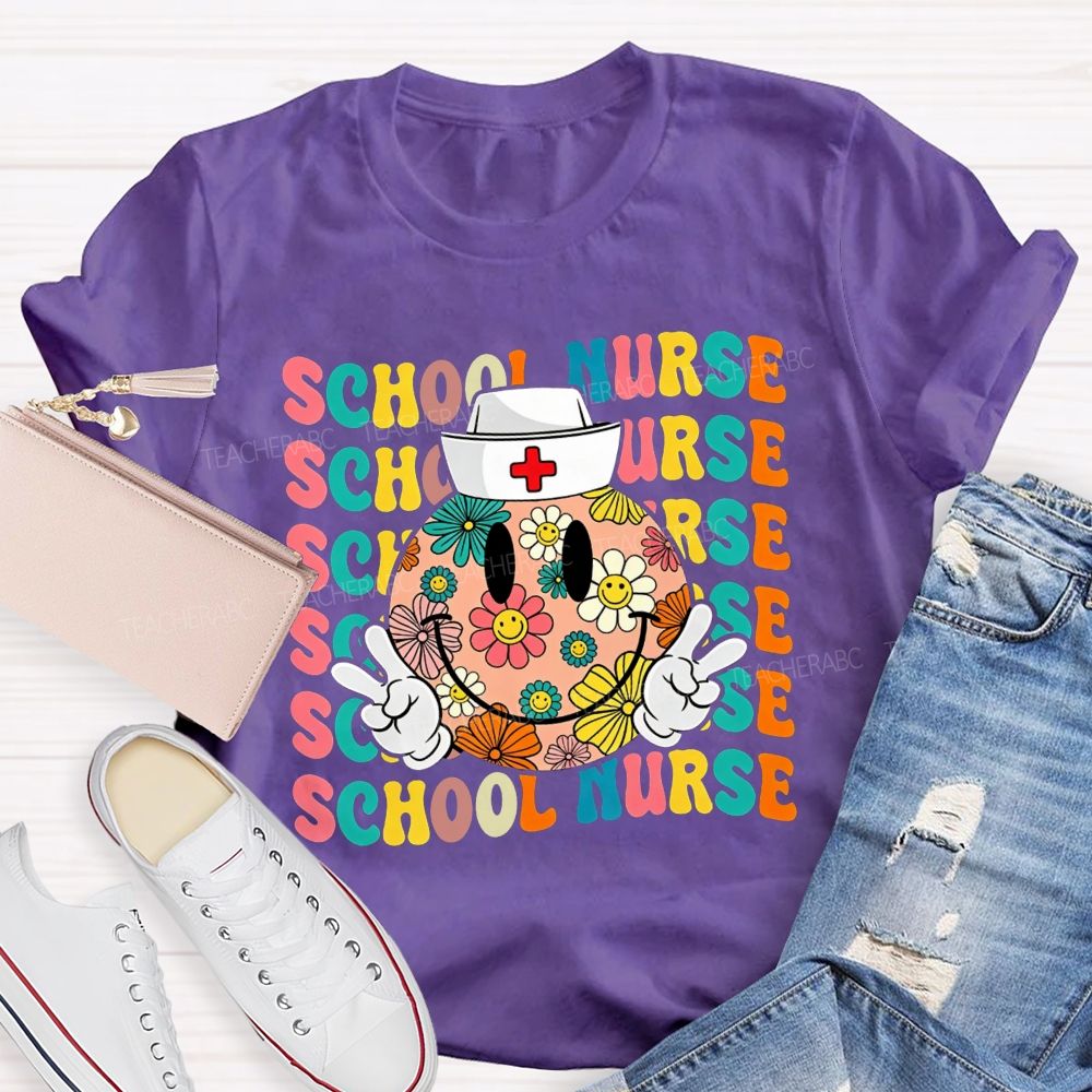 School Nurse Floral Smiley Face Peace Sign Nurse Cap Colorful T-shirt