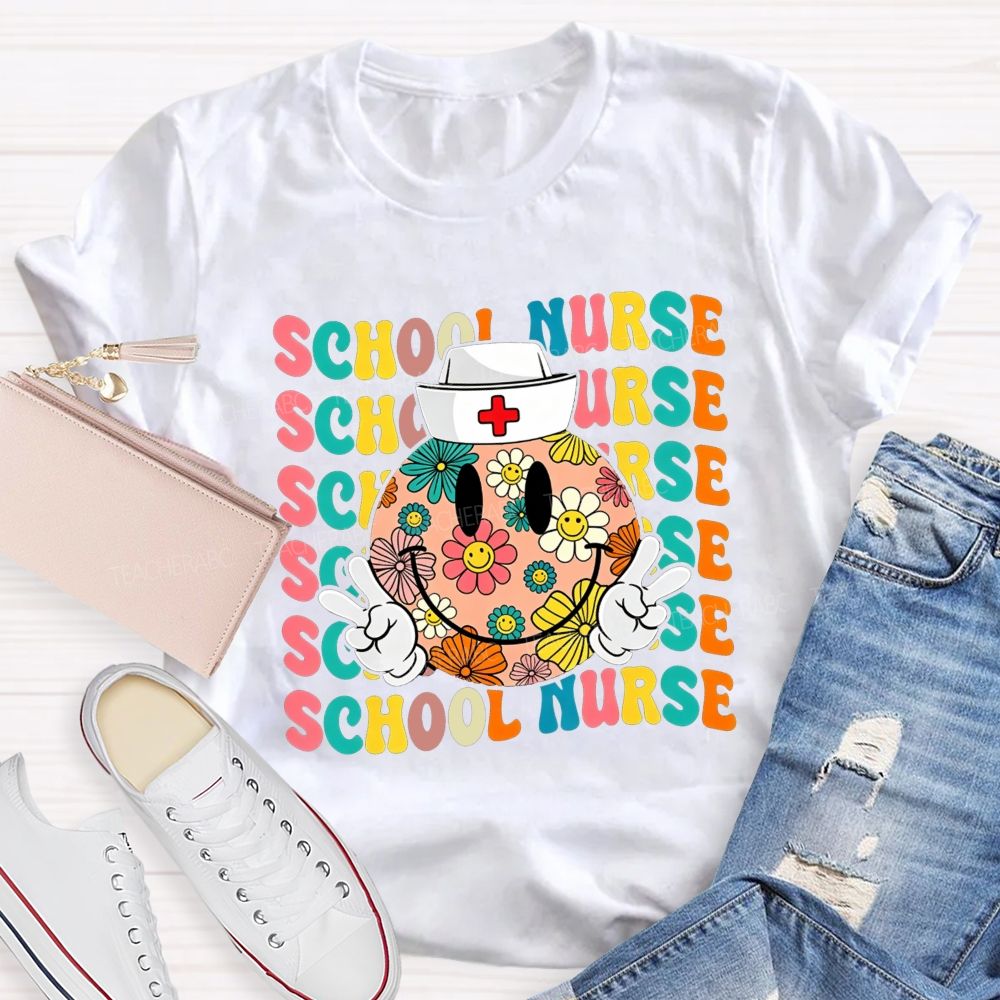 School Nurse Floral Smiley Face Peace Sign Nurse Cap Colorful T-shirt