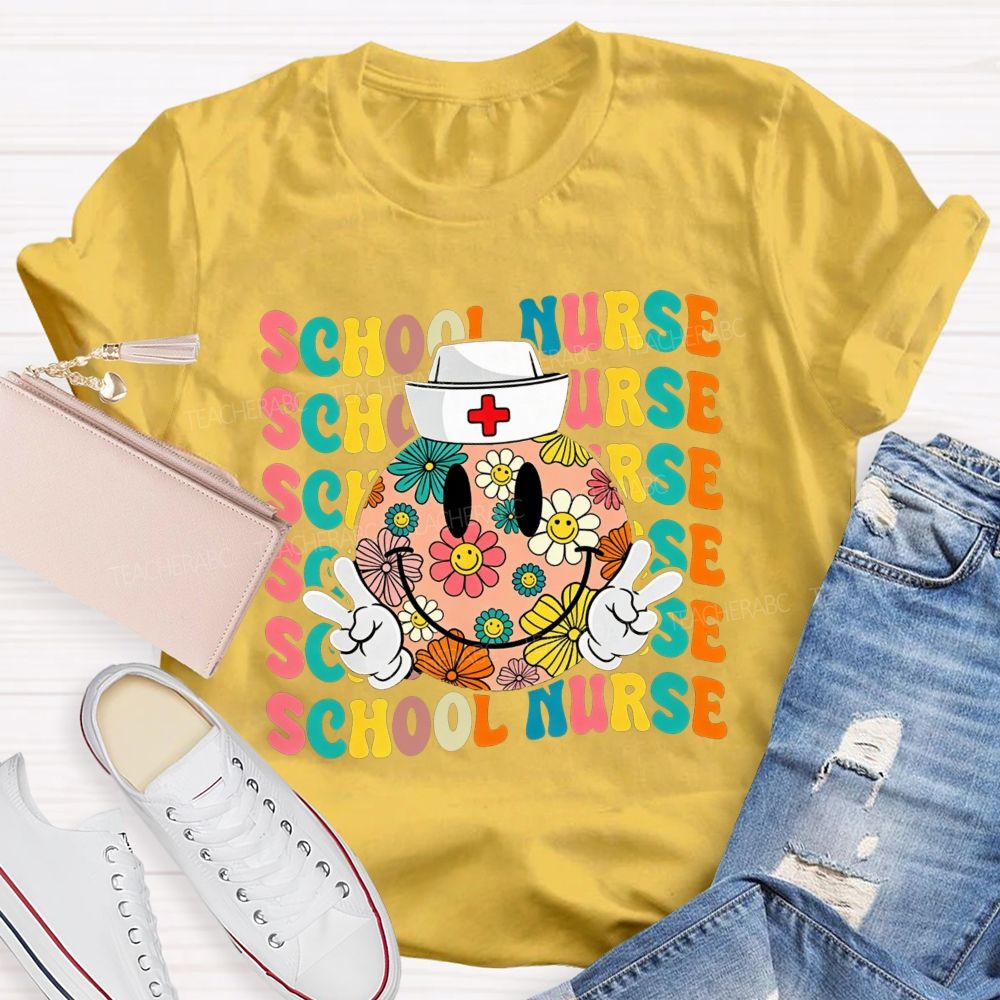 School Nurse Floral Smiley Face Peace Sign Nurse Cap Colorful T-shirt