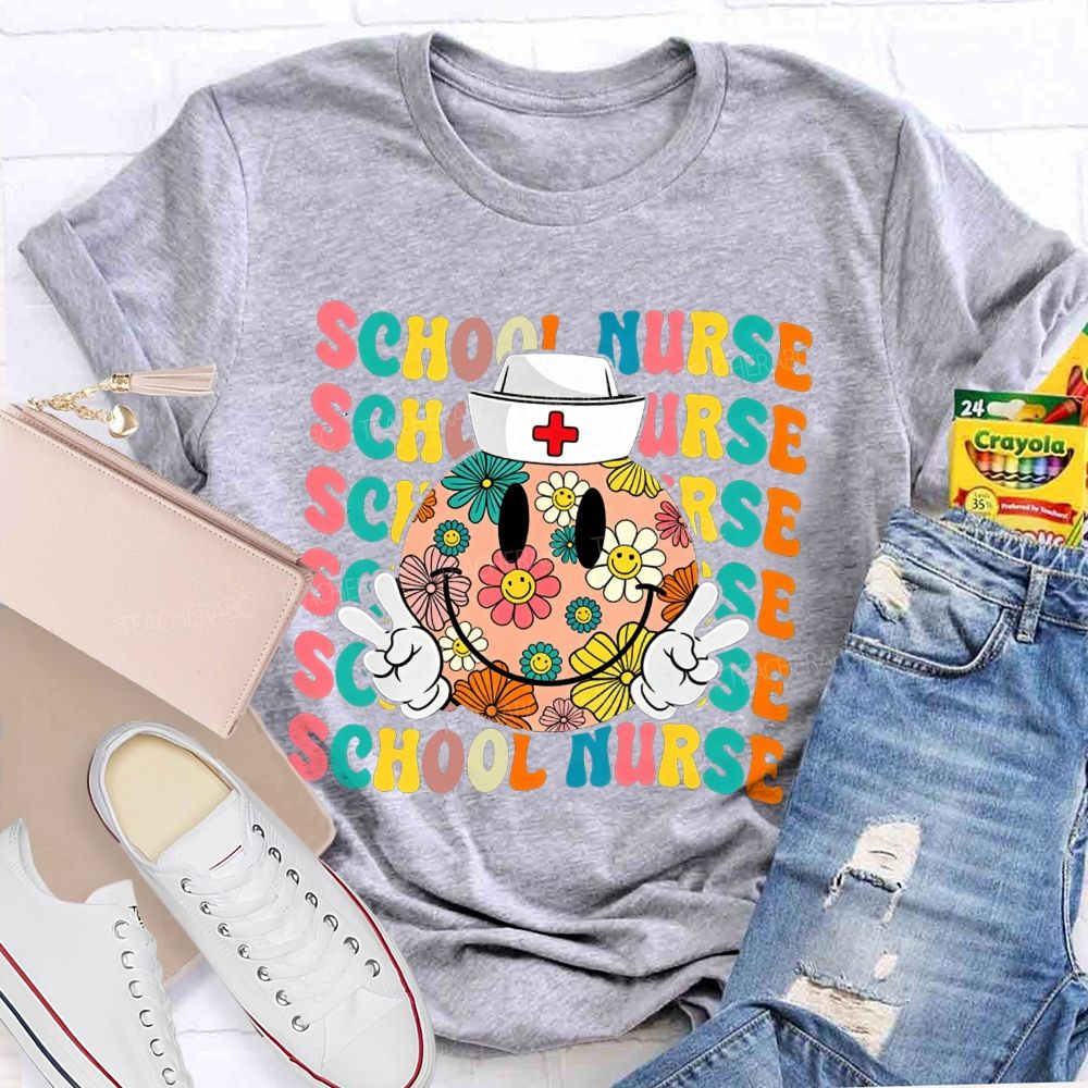 School Nurse Floral Smiley Face Peace Sign Nurse Cap Colorful T-shirt