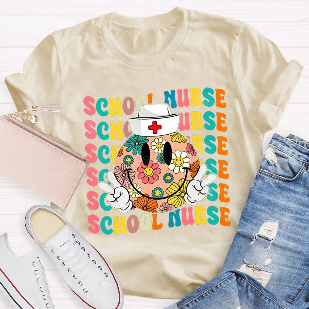 School Nurse Floral Smiley Face Peace Sign Nurse Cap Colorful T-shirt