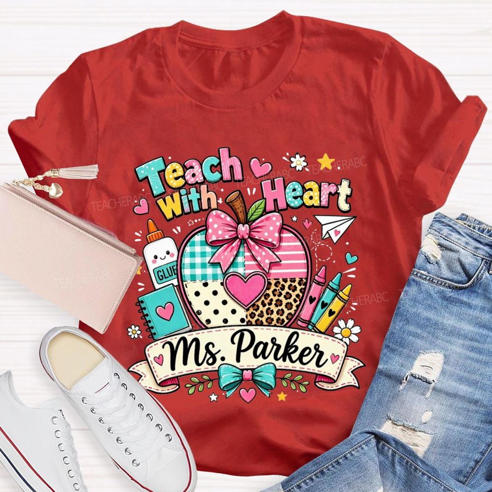 Personalized Name Teach With Heart Teacher Heart Leopard Gingham Apple T-shirt