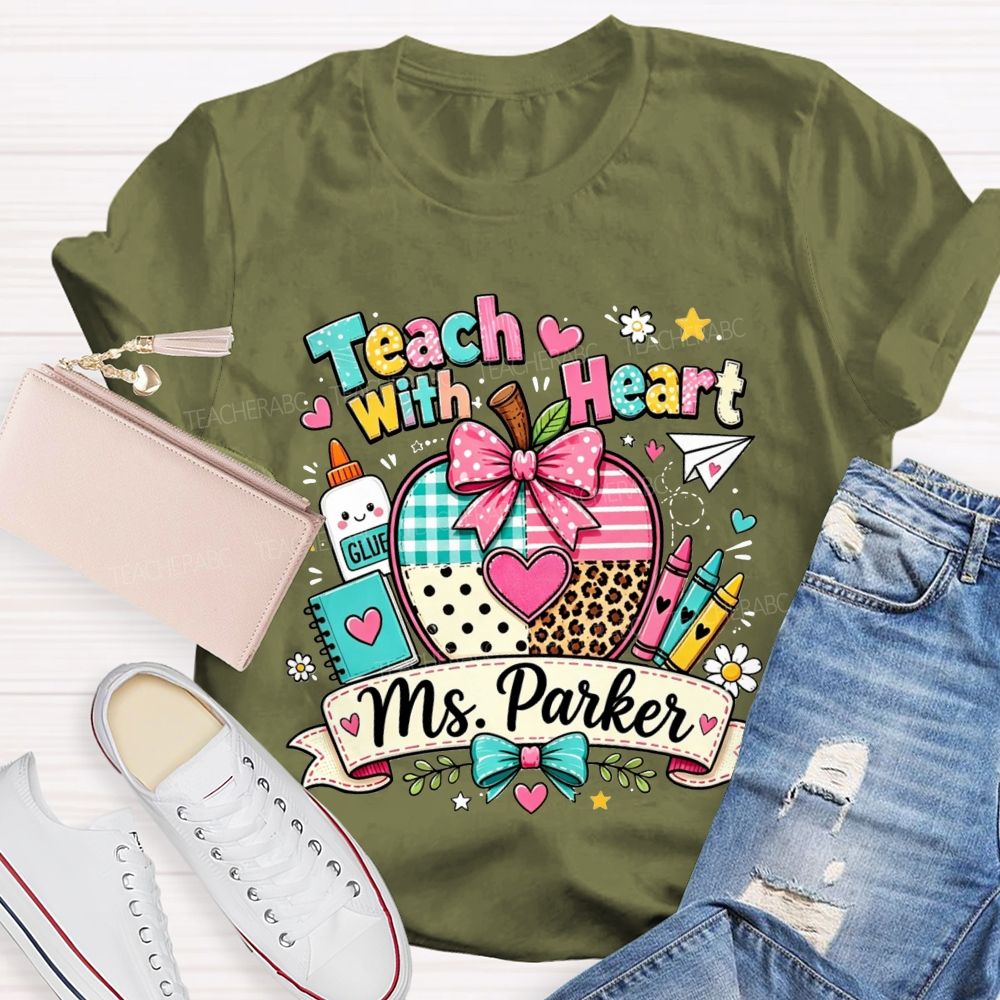 Personalized Name Teach With Heart Teacher Heart Leopard Gingham Apple T-shirt