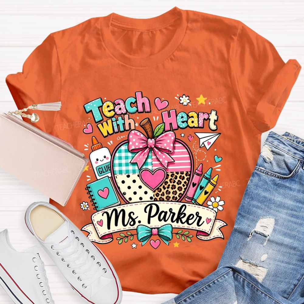 Personalized Name Teach With Heart Teacher Heart Leopard Gingham Apple T-shirt