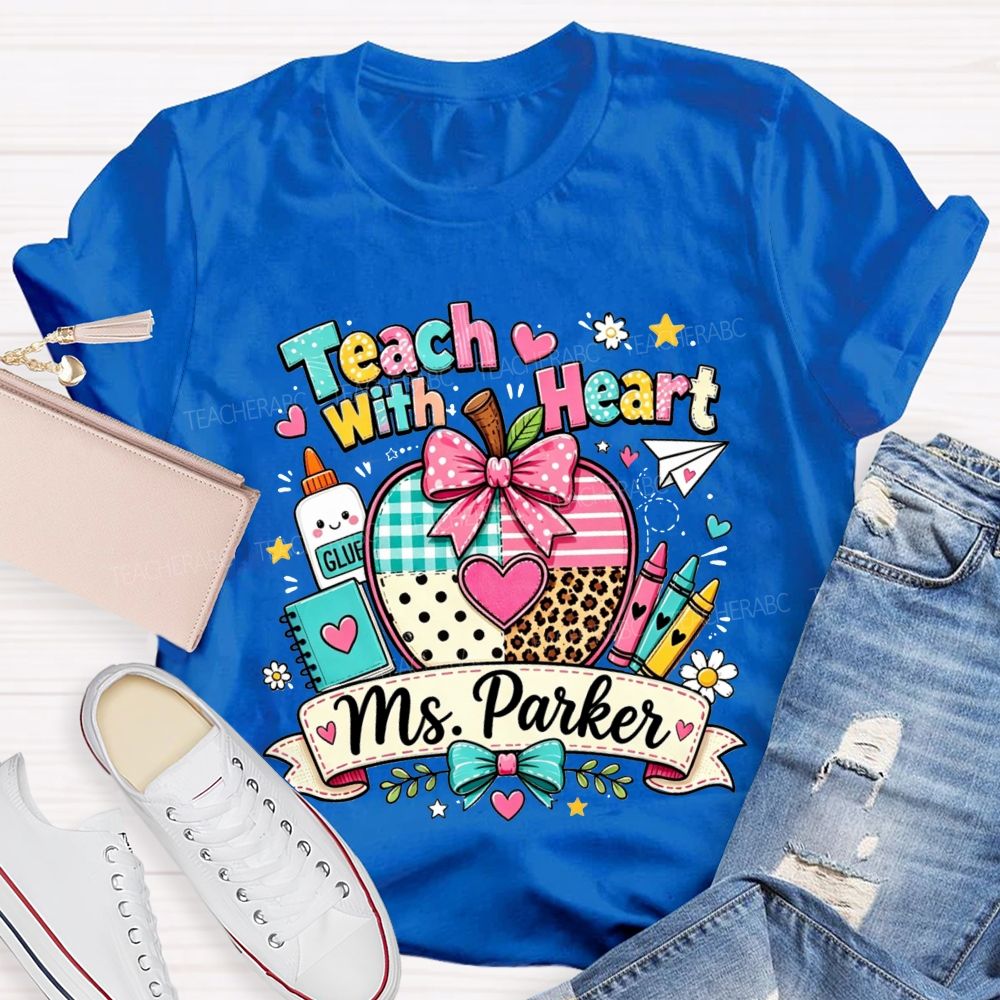 Personalized Name Teach With Heart Teacher Heart Leopard Gingham Apple T-shirt