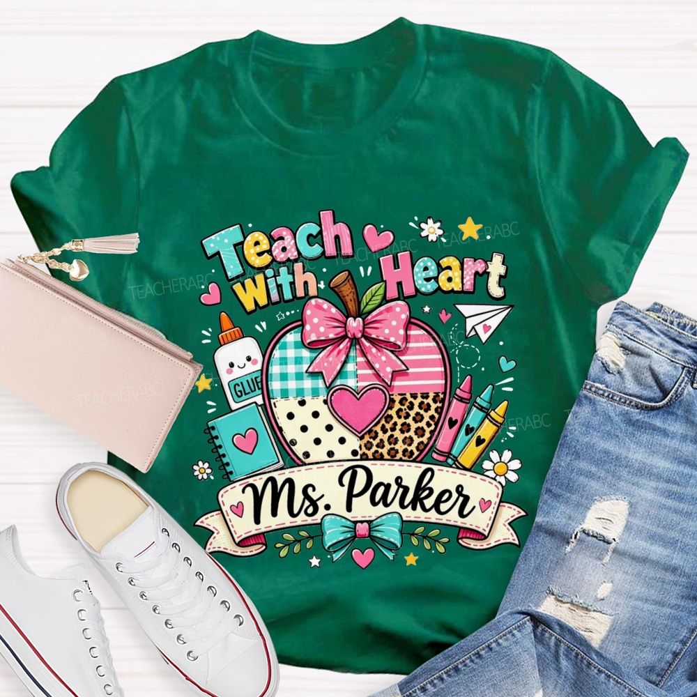 Personalized Name Teach With Heart Teacher Heart Leopard Gingham Apple T-shirt
