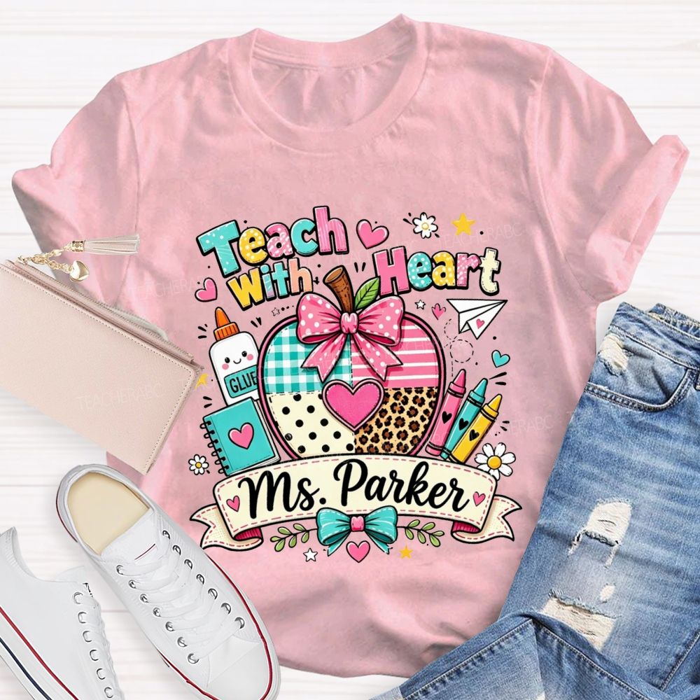 Personalized Name Teach With Heart Teacher Heart Leopard Gingham Apple T-shirt