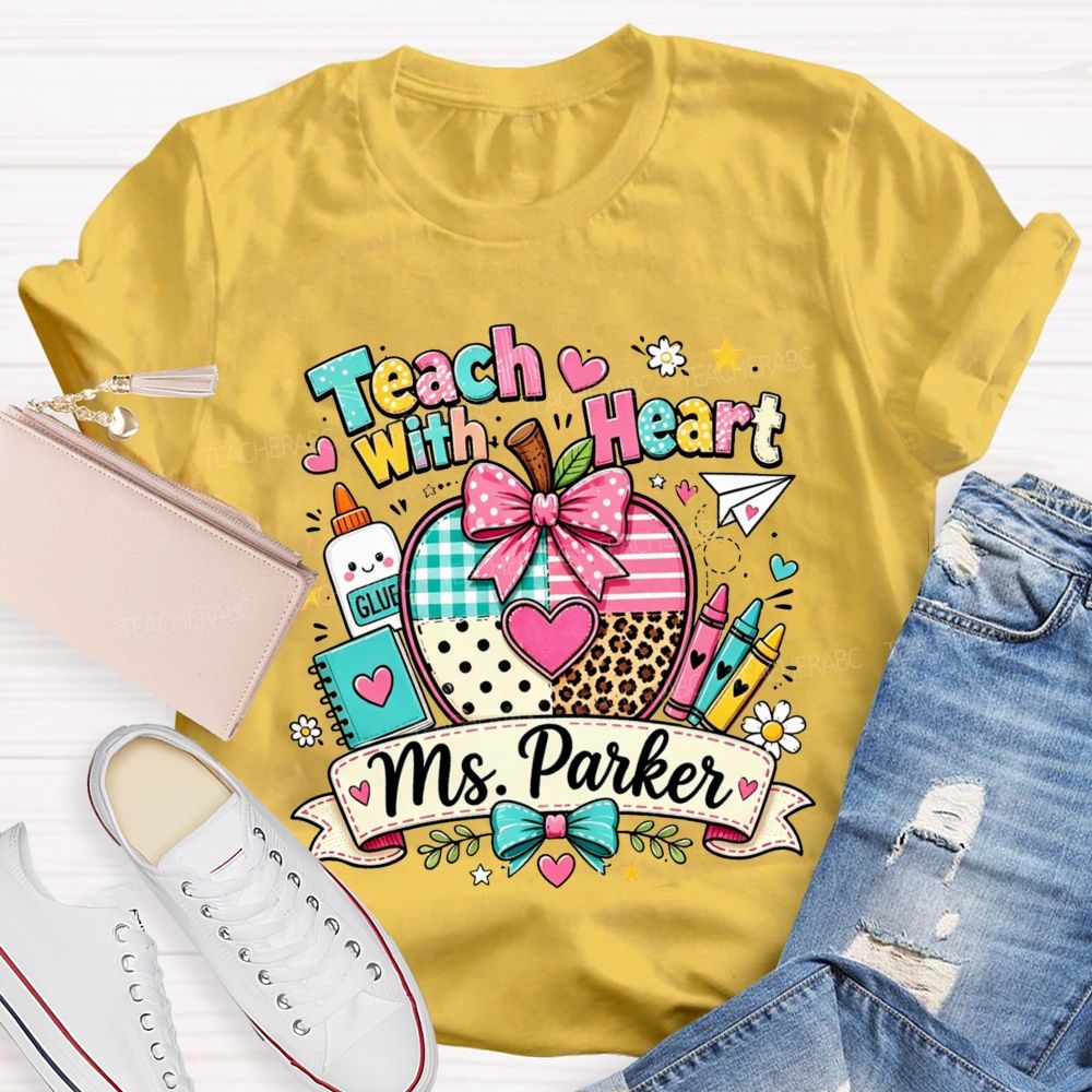 Personalized Name Teach With Heart Teacher Heart Leopard Gingham Apple T-shirt