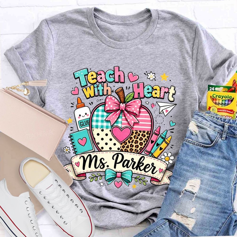 Personalized Name Teach With Heart Teacher Heart Leopard Gingham Apple T-shirt