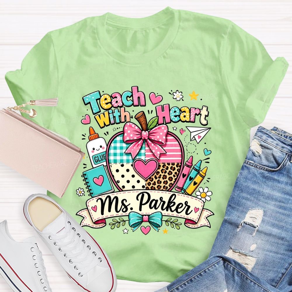Personalized Name Teach With Heart Teacher Heart Leopard Gingham Apple T-shirt