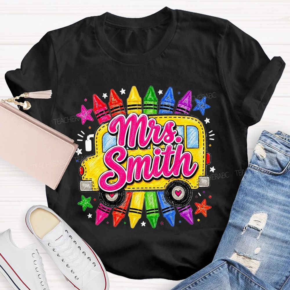 Personalized Name Teacher And School Bus Colorful Crayon Star Teacher T-shirt