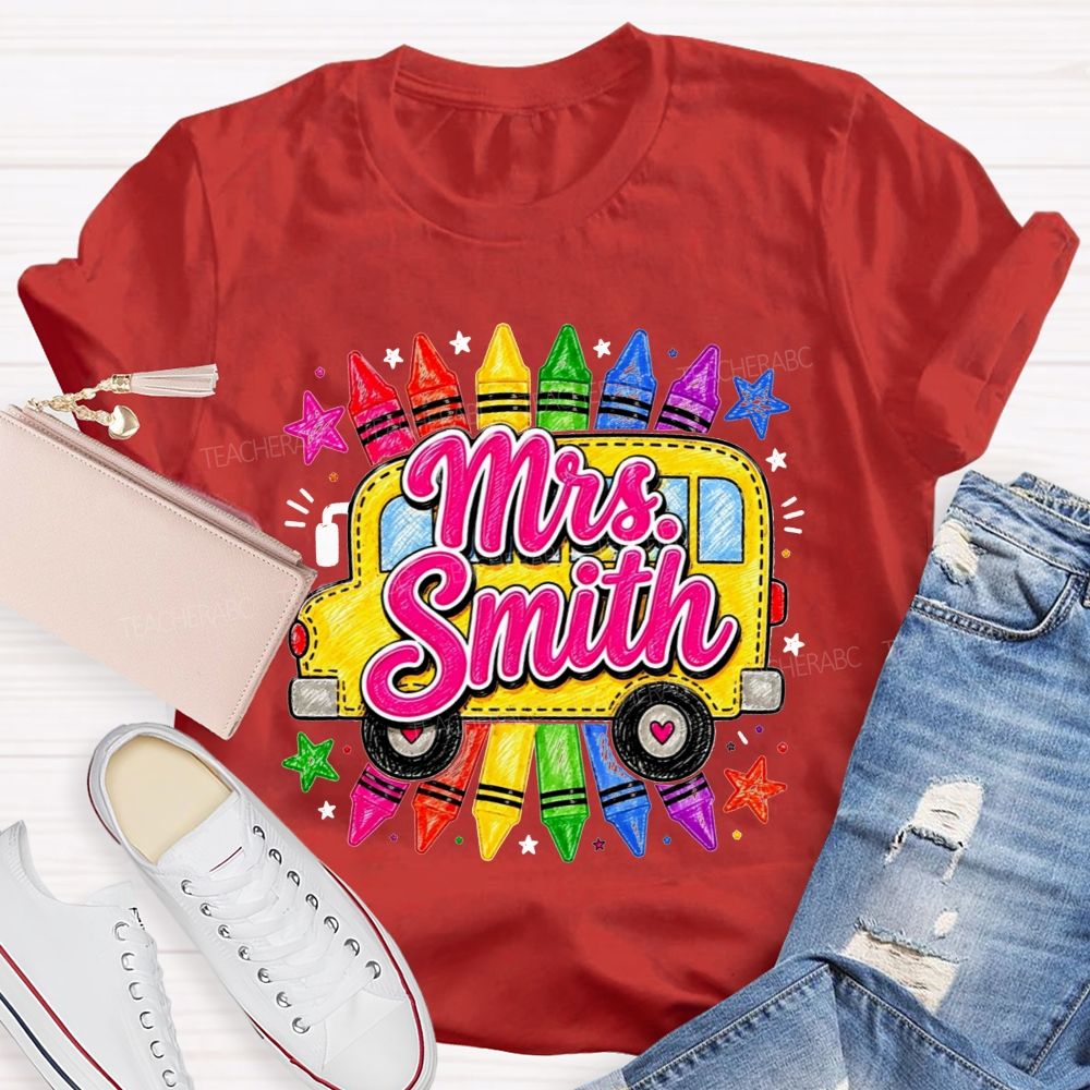 Personalized Name Teacher And School Bus Colorful Crayon Star Teacher T-shirt